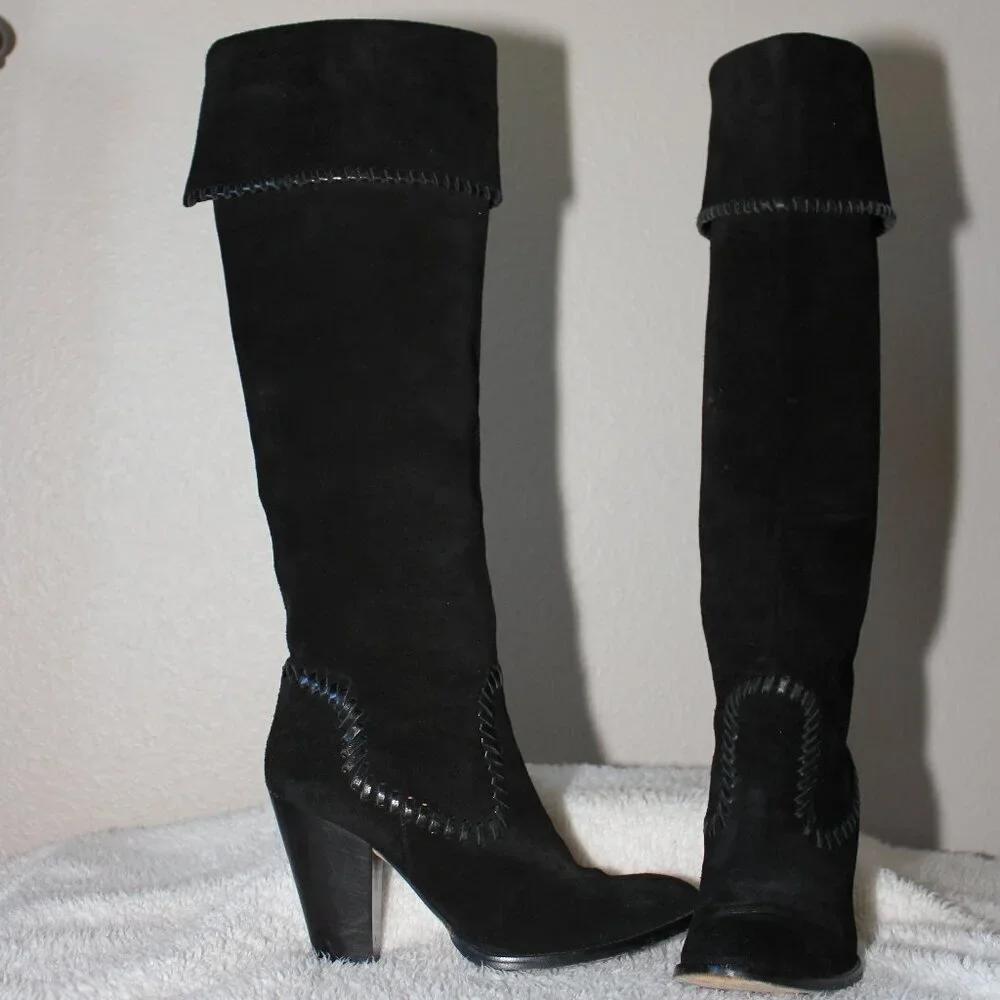 KORS Michael Kors Black Suede Over-The-Knee Whipstitch Boots